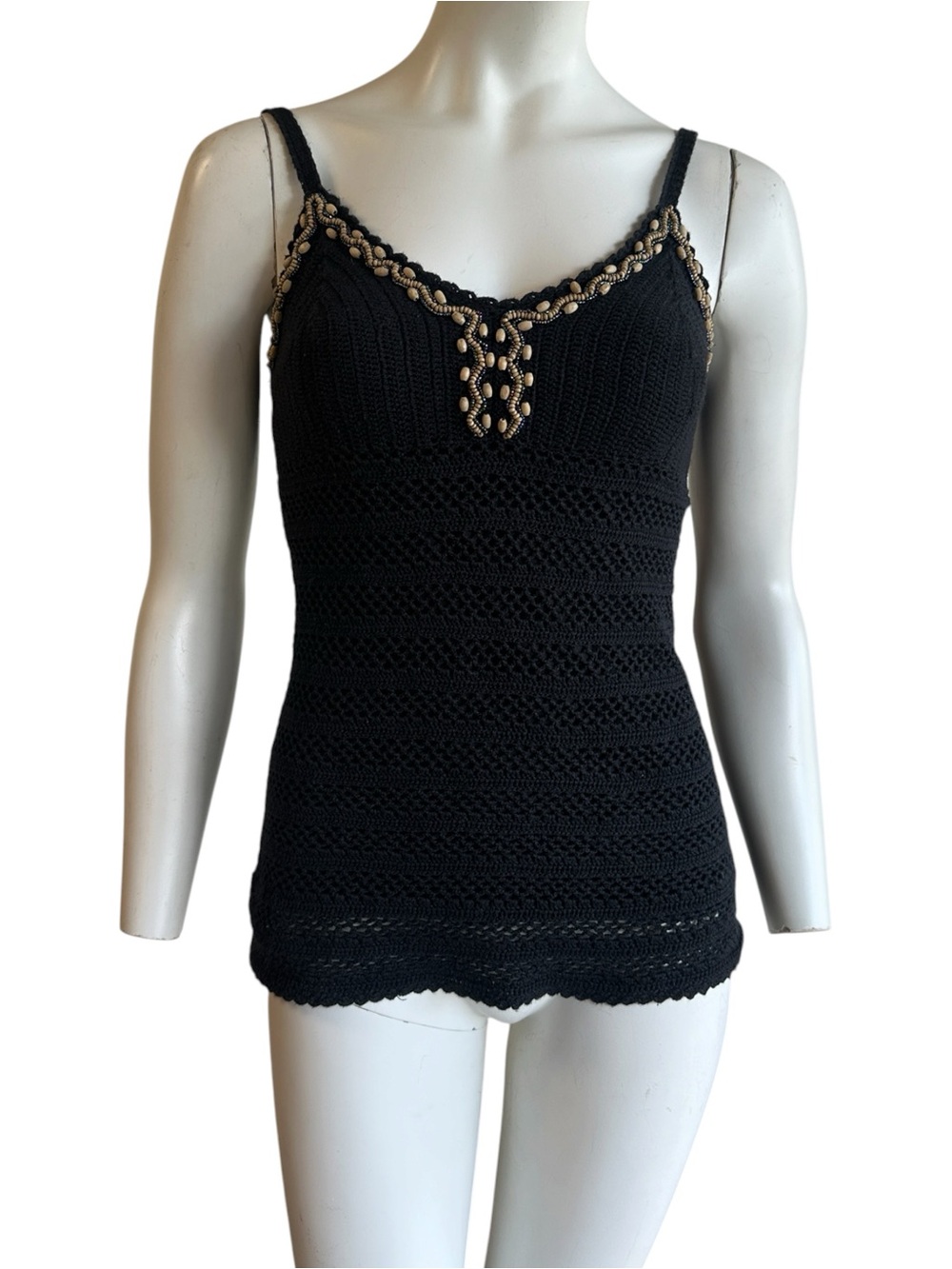 Y2K black crochet beaded shell embroidered camisole top boho 2000s